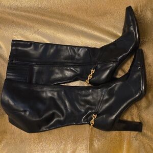 Anne Klein Leather 3.5" Square Heel Boot, Black, Gold Chain, Size 8 M